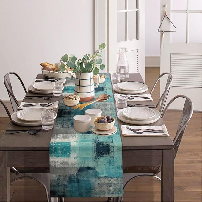 Teal and Green Table Runner 13x72 Inch Modern Abstract Art Painting Kitchen - Image 4