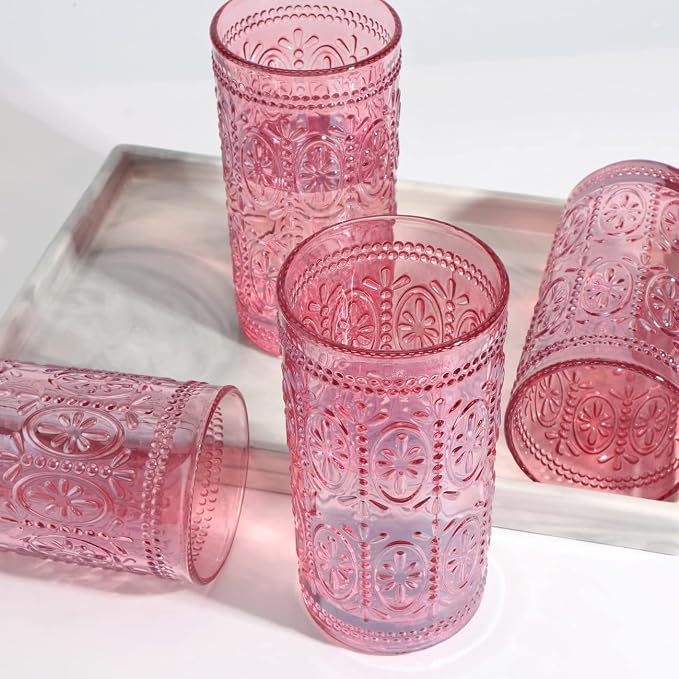 abrwyy Pink Drinking Glasses, 12oz Pink Glassware, Vintage Glassware | - Image 6