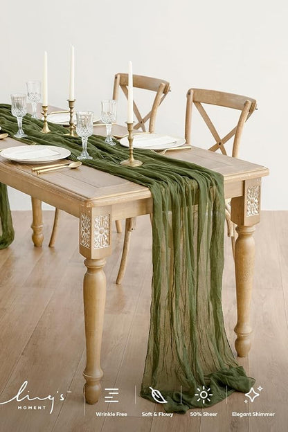 Ling's Moment Moss Green Gauze Cheesecloth Table Runner, 14FT | Olive Green - Image 2