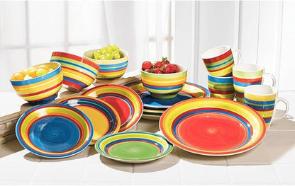 BrylaneHome 16 Piece Santa Fe Dinnerware Set (Service for 4), Includes Dinner & Salad or Dessert Plates, Bowls, Mugs, Colorful Stripe Southwestern Fiesta Pattern - Multi Stripe