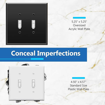 LIDER Double Toggle Switch Acrylic Wall Plate, Mirrored Dual Light Switch Plate, Plexiglass Switch Cover, Reflective Finish, Modern Decoration Upgrade, Oversized 2-Gang 5.25" x 5.25", Black