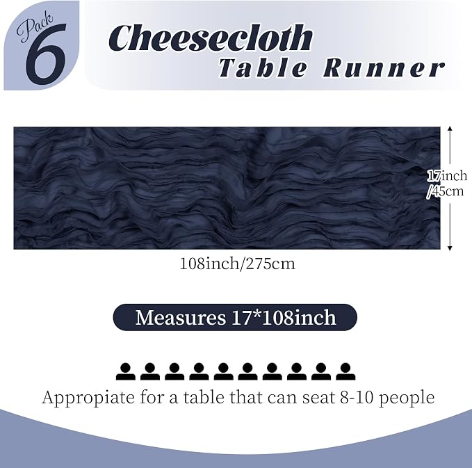 6 Pack Navy Blue Cheesecloth Table Runner, 17 x 108 Inch, Gauze Cheese Cloth - Image 2