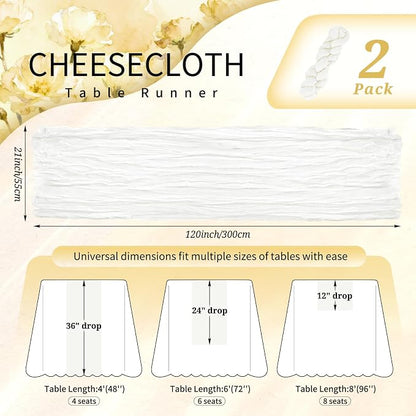 Showgeous 2 Pack Ivory White Cheesecloth Table Runners Boho Wedding Decor | - Image 2