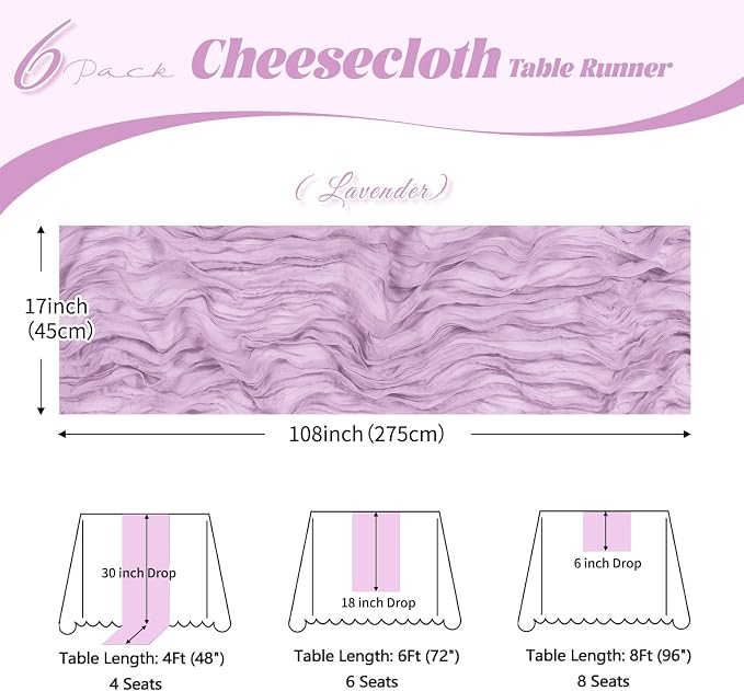 6 Pack Lavender Cheesecloth Table Runner, 17 x 108 inch, Semi Sheer Boho Cheese - Image 3