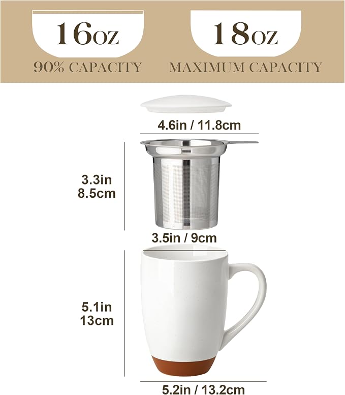 MALACASA Ceramic Tea Mug with Lid and Stainless Steel Infuser, 18 oz Large Tea - Image 2