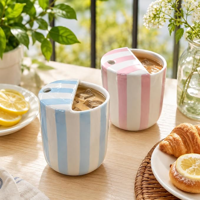 2 Pcs Ceramic Mug with Sip Hole 10 oz Novelty Pink Light Blue Striped Coffee - Image 5