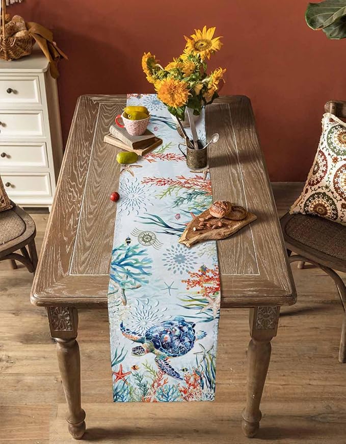 Sea Turtle Coastal Table Runners 72 Inches Long, Summer Beach Coral Table - Image 4