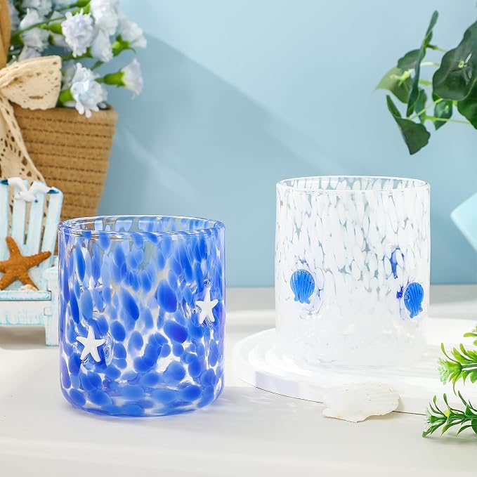 Whaline 2Pcs Ocean Icon Juice Glass 14 Oz Wine Glass White Dark Blue Seashell - Image 4