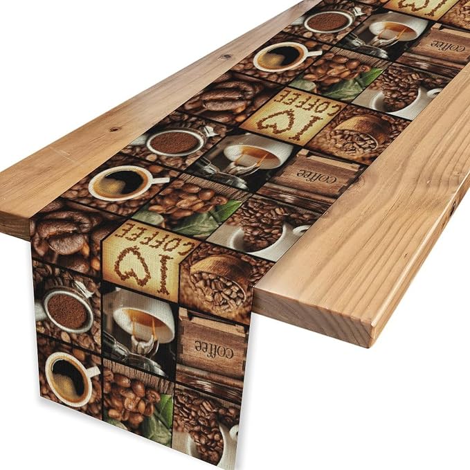 Coffee Theme Table Runner, Rustic Coffee Time Cafe Cup Latte Cappuccino Tea - Image 4