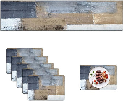 Mcalk Brown Table Runner and Placemats Set of 6, Abstract Dark Grey Placemats, Modern Cloth Place Mats Indoor for Kitchen,Washable Linen Material for Dining Table