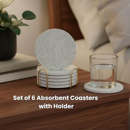 Ceramic Absorbent Coasters Set of 6 with Holder, Marble Drink Coasters for Coffee Table, Water-Absorbing Stone Coasters (Green Leaf Design)