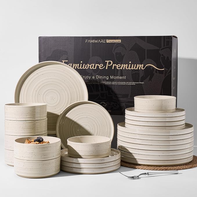 Stoneware Dinnerware Sets for 8, Reactive Glaze Plates & Bowls, Shell Beige | by FamiwarePremium