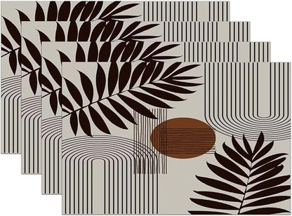 Mid Century Abstract Boho Placemats Geometric Neutral Beige Modern Leaf Plant Semicircle Art Washable Place Mats 12x18Inch for Dining Kitchen Farmhouse Decor 4 PCS