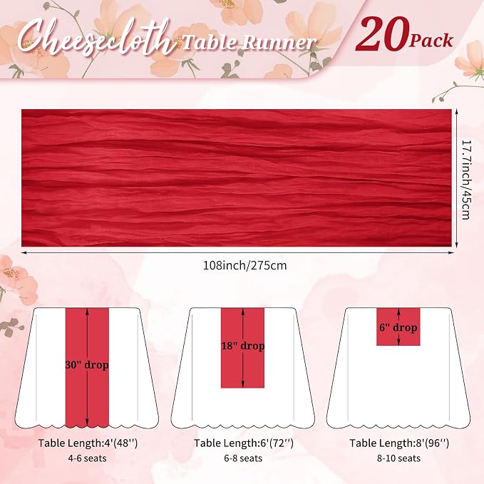 Pesonlook Cheesecloth Table Runner Red, 20 Pack 17.7x108 inch, Long | Rustic - Image 2
