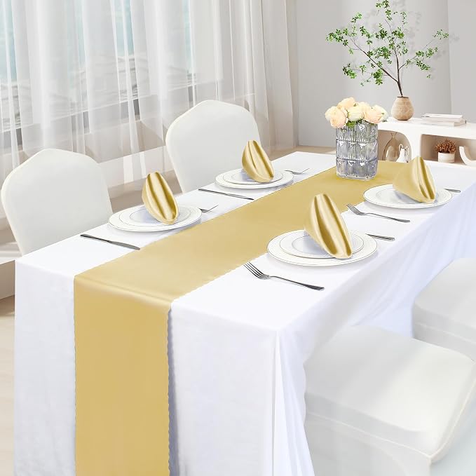 VACVELT Gold Satin Table Runners, 12x72 Inch, 12 Pack, Scalloped Edge | Silky - Image 2