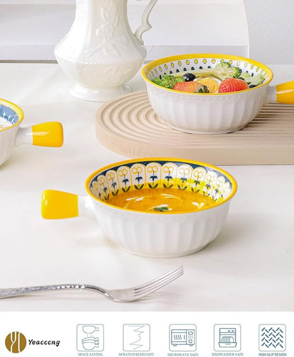 Yeacccng Soup Bowls with Handles, 23 Oz French Onion Soup Bowls Set of 4, Ceramic Soup Bowl for Kitchen, Oven/Microwave Bowls, 6 Inch Ceramic Soup Crocks, Cute Bowls, Scratch-Resistant, Lead-Free
