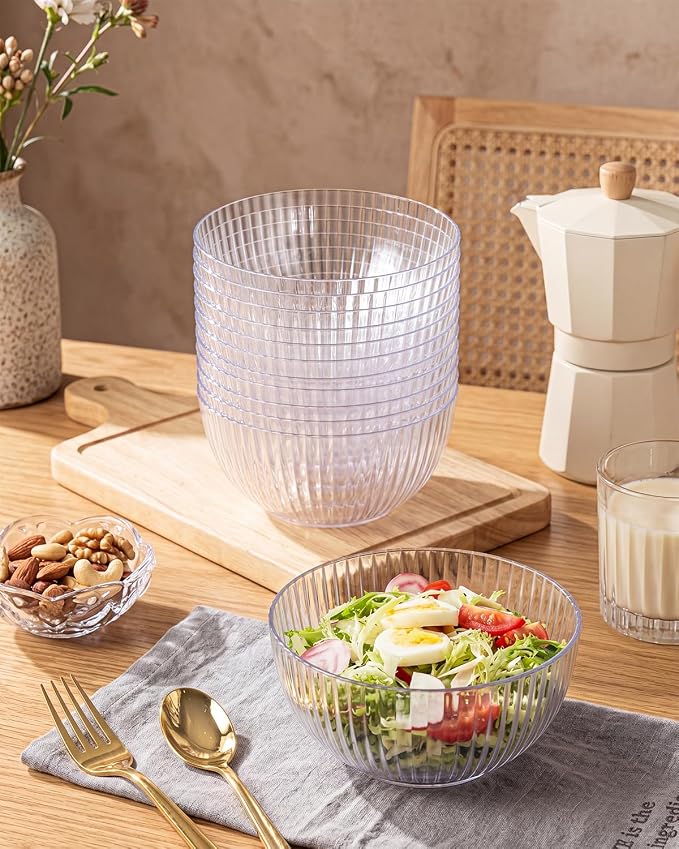 bUCLA 12 PCS Plastic Cereal Bowls Set - 28 Oz Clear Disposable Vertical Stripes - Image 7