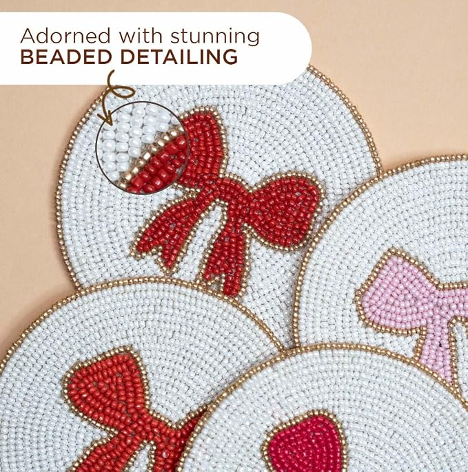 Folkulture Cute Coasters Set of 4, Beaded Handmade Boho Drink Coasters | - Image 3