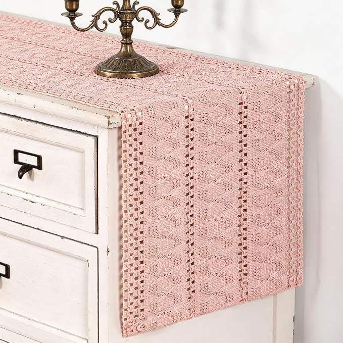 Pink Boho Table Runner Farmhouse Macrame Woven Table Runner 12x72 Inch | Small by MLMC