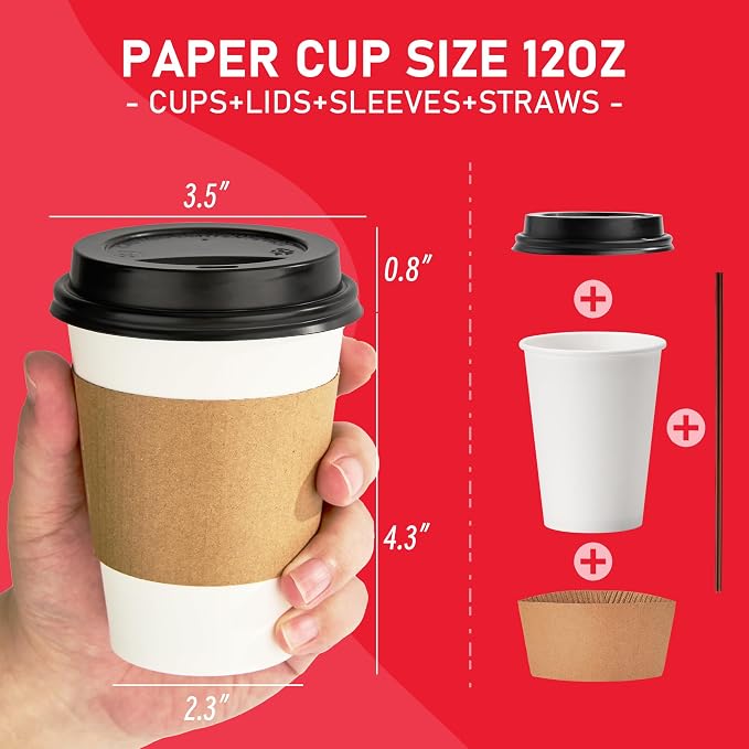 12 oz Paper Coffee Cups with Lids 100 Pack, Disposable Hot Coffee Cups with Lids - Image 5