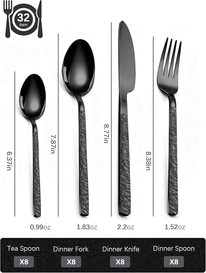 Black Silverware Set for 8 Modern Square Flatware Set Stainless Steel 32 Piece - Image 4