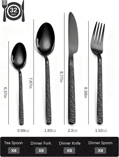 Black Silverware Set for 8 Modern Square Flatware Set Stainless Steel 32 Piece - Image 4
