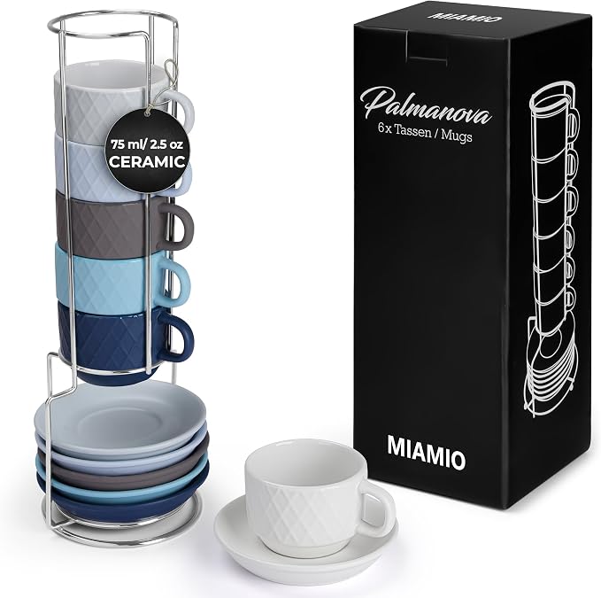 MIAMIO - 6 x 2.5 oz Stoneware Espresso Mug, Cup Set Modern - Palmanova by MIAMIO