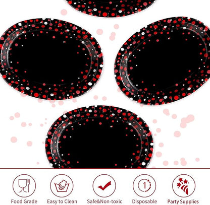 50 Pcs Black and Red Oval Plates 10" x 12" Large Red Dot on Black Party Plates Disposable Heavy Duty Valentine's Day Paper Plate for Valentines Day Fiesta Congrats Wedding Birthday Party Decorations