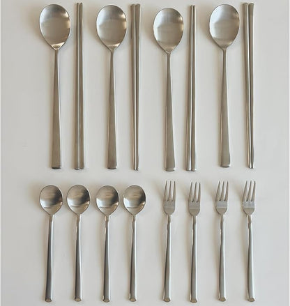 Korean Made Stainless Steel Silver Utensil Flatware Cutlery Korean Chopsticks and Spoon Set Tea Spoon and Tea Fork Set, 4SET Stocking Stuffer Gift for Mom Stocking Stuffer