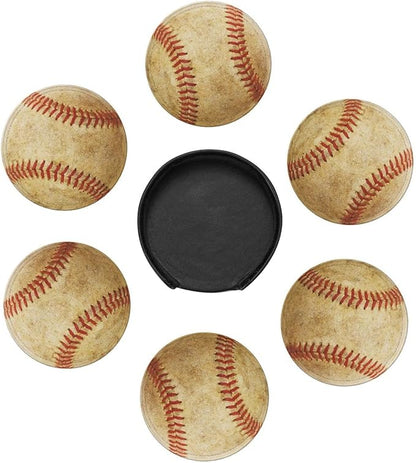 Baseball Coasters for Drinks with Holder Leather Coasters Set of 6 for Coffee Table