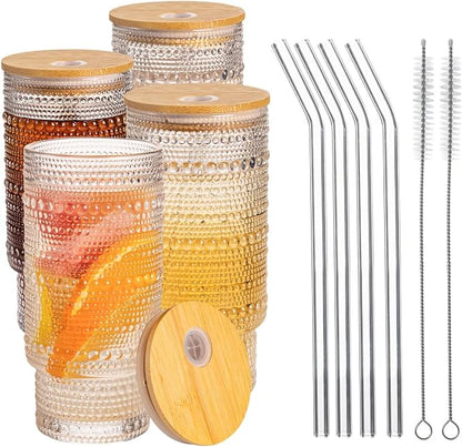 Drinking Glasses with Bamboo Lids and Glass Straw 4pcs Set, 16oz Glass Tumbler by Unknown