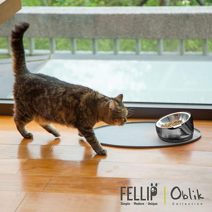 Felli Oblik Elevated Cat Bowl Removable Stainless Steel Wide Dish for Dry Wet Food Feeding & Dishwasher Clean, Slanted Whisker Fatigue Friendly Metal Plate (Smoky, 0.5 Cups Shallow Dish)
