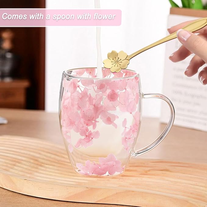 Gifts for Women Dried Flowers Double Wall Glass Coffee Mugs Cute Glass Tea Cups - Image 2