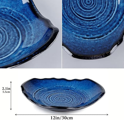 Ceramic Decorative Bowl - 12" Large Blue Pottery, Blue Decorative Bowl, Porcelain Centerpiece Tray, Key Bowl for Entryway Table, Living Room, Dining, Trinket Dish, Gift Decor Tray