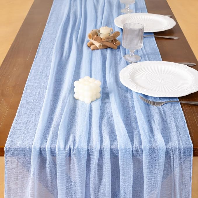 Cheesecloth Table Runner Summer Boho Wedding Shower Party Home Decor | Blue - Image 5
