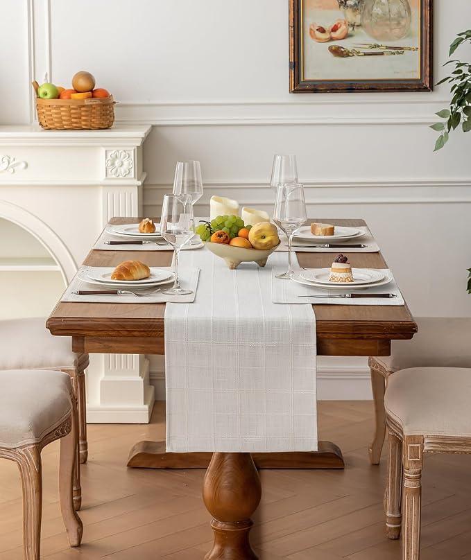 Linen Textured Table Runner, Machine Washable, Farmhouse Neutral Checked table - Image 2