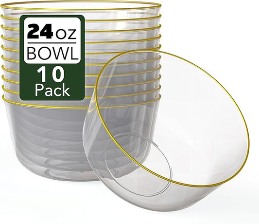Trendables Clear Plastic Bowls - 24 Oz Set of 10, Gold Rimmed, Fancy Serving Bowls - Perfect for Ice Cream, Salad, Candy