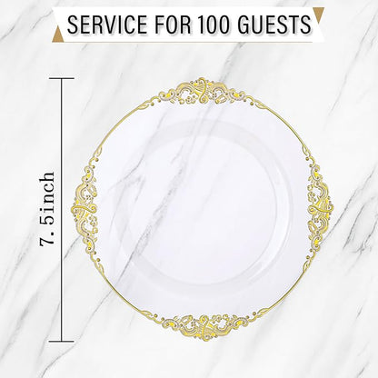 Nervure 100PCS Clear and Gold Plastic Plates - 10.25Inch Gold Disposable Plates - Heavyweight Dinner Plate for Wedding & Party