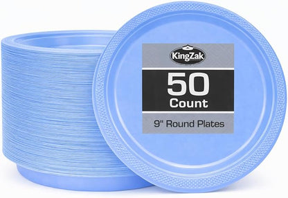 Light Blue Solid Color Plastic Premium Heavy Weight Dinner Plate 50 Count by HannaKSignature