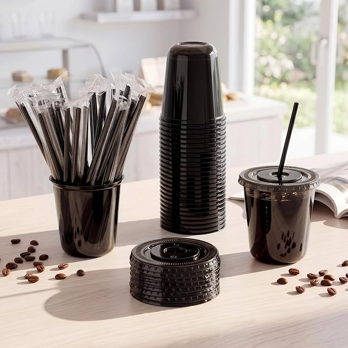 Ziliny 50 Sets 14oz Black Plastic Cups - Image 2