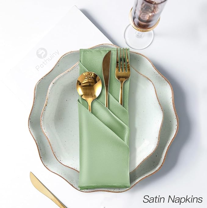 P Pothuiny 50 Pcs Sage Green Satin Napkins 17 x 17 in, Satin Cloth Napkins | - Image 5