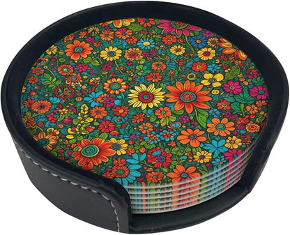 Drink Coasters with Holder Stand Set of 6, Colorful Flower Floral Print Pu - Image 6