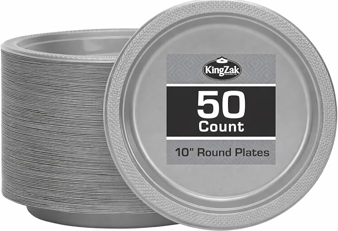 Silver Solid Color Premium Heavy Weight Plastic Dinner Plate 50 Count by HannaKSignature