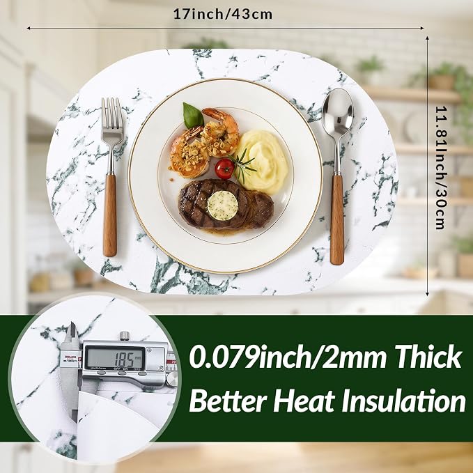 Placemats Set of 4, 11.8 x 17 Inch, Marble | Heat Resistant Oval Faux Leather - Image 3