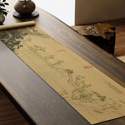 Asian Style Bamboo Table Runner, Ancient Chinese Paintings Zen Table Mat by Unknown