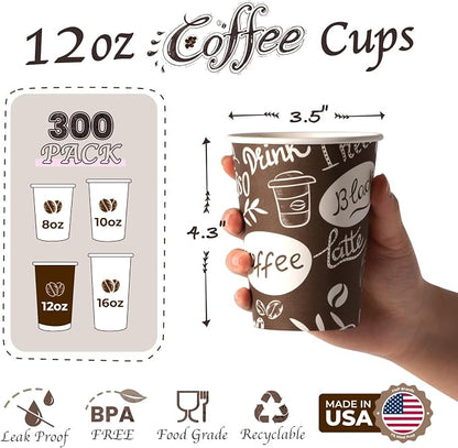 Fit Meal Prep 12 oz Coffee Cups 300 Count, Leak-Proof Hot Cup, Disposable Paper - Image 2