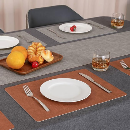 Myir JUN Reversible Vinyl Placemats Set of 6, Faux Leather Place Mats Dual Sided Waterproof Wipeable, Heat-Resistant Table Mats for Kitchen Dining Indoor Outdoor (12" x 17", Light Gray Reddish Brown)