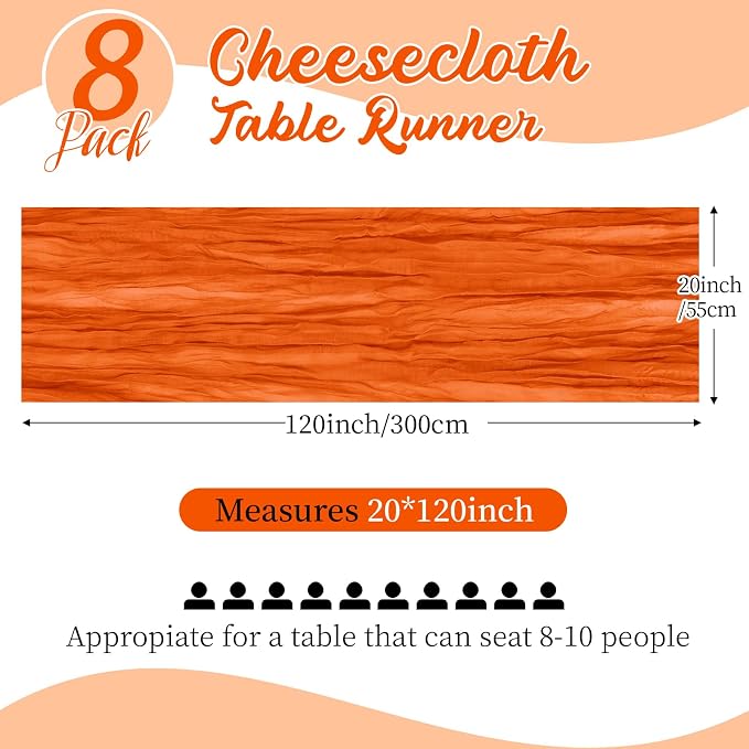 8 Pack Orange Cheesecloth Table Runners 20x120 Inch Gauze Table Runner 10FT - Image 2