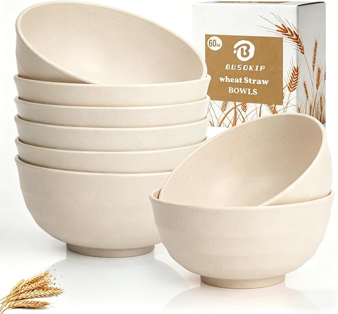 Large Salad Bowls 60oz, Unbreakable Wheat Straw Bowls Sets of 8, Meal Prep Bowls by BUSOKIP