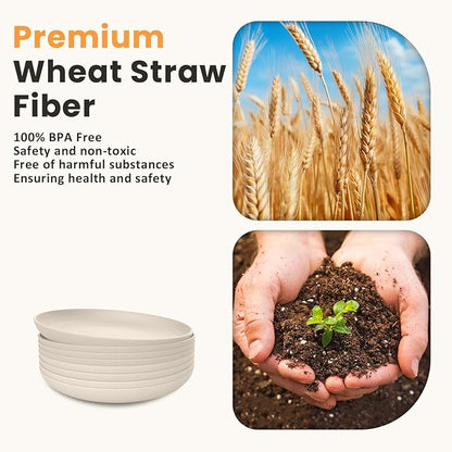 Homienly Dessert Plates - 8 Inch Wheat Straw Plates Set, Dinner Plates Set of 8, Appetizer Plates, Lightweight Unbreakable Plates, Microwave Safe Plates, Deep Plates for Dinner - Beige